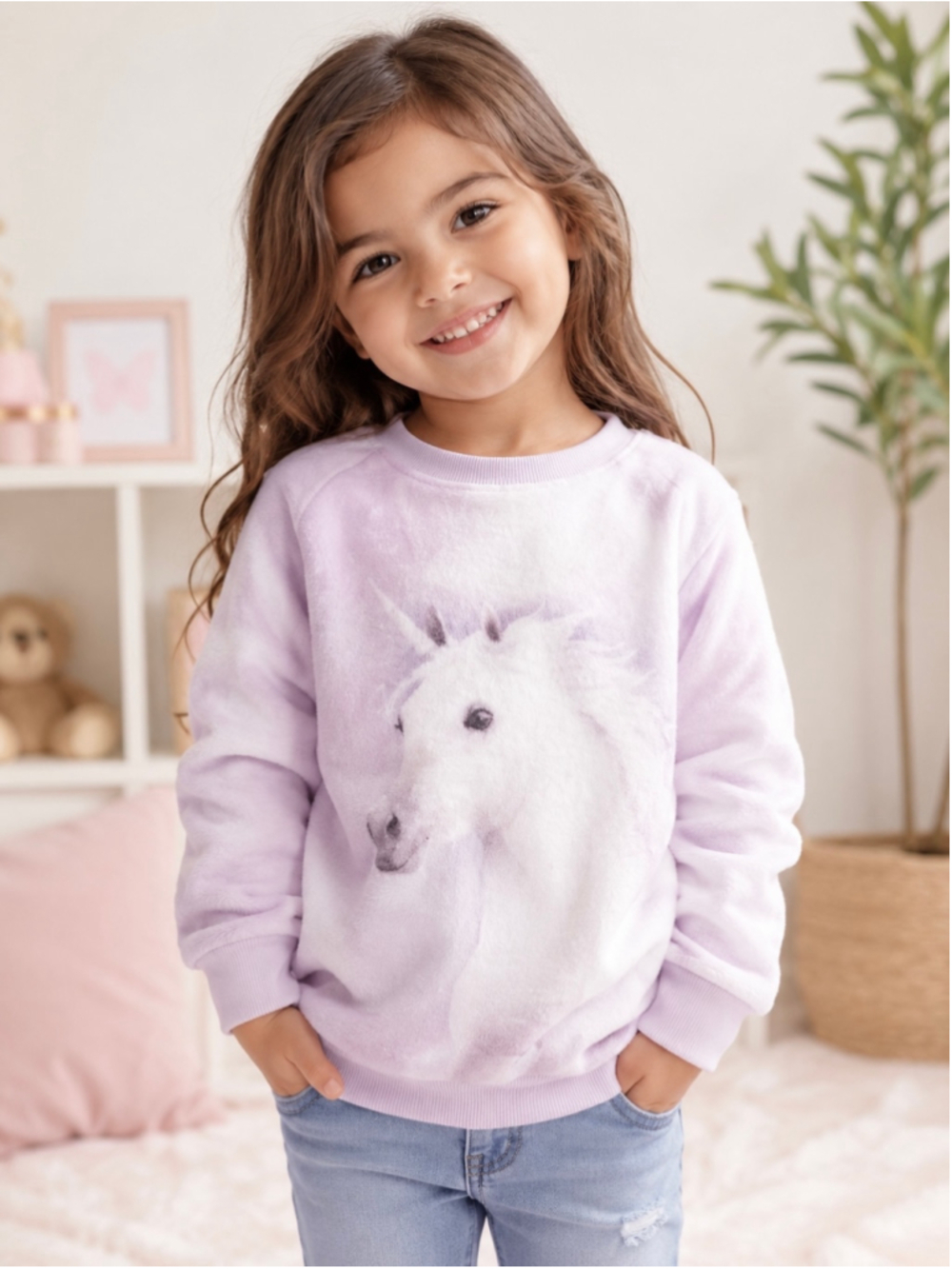 H&M Girls Unicorn Fleece Sweatshirt – Size 4T | Light Purple